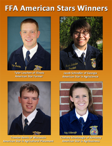 FFA American Star Winners: Tyler Loschen of Illinois (Farmer), Jacob Schindler of Gerogia (Agriscience), Trenton Bemis of Wisconsin (Agricultural Placement), and Chelsey Scholsnagle of Kentucky (Agribusiness)